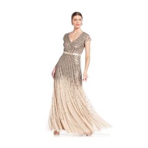Adrianna Papell long, tan, heavy beaded gown.